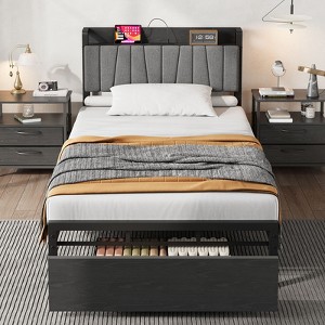 Garvee Twin Size Bed Frame with Upholstered Headboard, Industrial Twin Platform Bed with Storage Drawer and Charging Station, No Box Spring Needed - 1 of 4