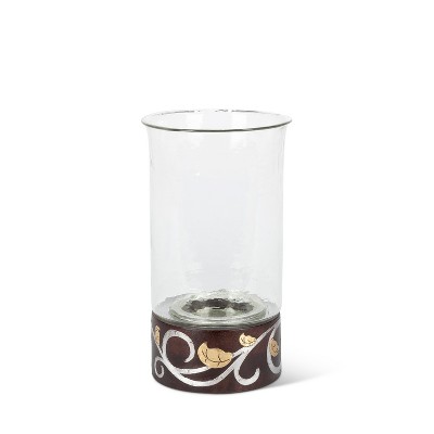 GG Collection 13.5-Inch Tall Gold Leaf Mango Wood Inlay Candleholder