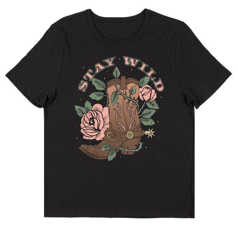 Vintage Country Boots and Roses "Stay Wild" Women's Black Short Sleeve Crew Neck Tee, 1 of 2