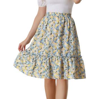Allegra K Women's Ruffle Hem Elastic Waist Flowy A-Line Swing Floral Midi Skirt