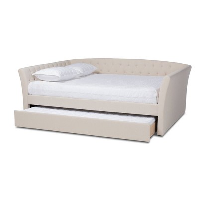 Beige Upholstered Full Daybed with Trundle and Tufted Design