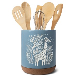 Elanze Designs Kitchen Utensil Holder With Non Slip Cork Base Large 8 Inch Ceramic Storage Crock Safari Animal Countertop Organizer Giraffe Sky Blue - 1 of 4