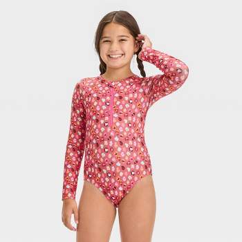 Girls' Spots Of Fun Long Sleeve One Piece Rash Guard Swimsuit