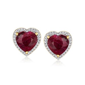 Ross-Simons 5.50 ct. t.w. Ruby and .23 ct. t.w. Diamond Heart Earrings in 18kt Gold Over Sterling - 1 of 3