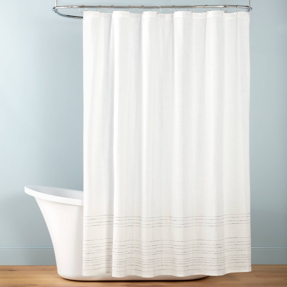 Pinstripe Woven Shower Curtain Blue/Cream - Hearth & Hand with Magnolia