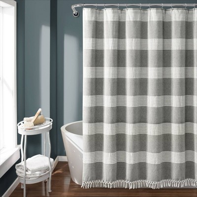 Tucker Stripe Yarn Dyed Cotton Knotted Tassel Shower Curtain Gray/White - Lush Décor