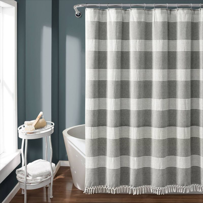 Tucker Stripe Yarn Dyed Cotton Knotted Tassel Shower Curtain - Lush Décor, 1 of 10