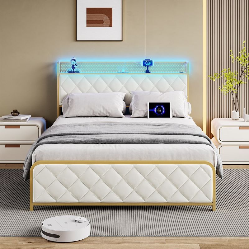 Bed Frame with Storage Headboard, Velvet Bed Frame with Charging Station, LED Light, 1 of 5
