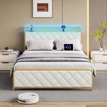 Bed Frame with Storage Headboard, Velvet Bed Frame with Charging Station, LED Light