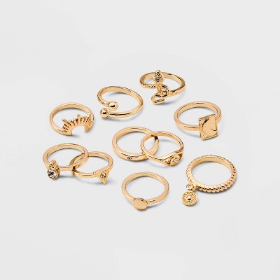 Snake Moon Sun and Coin Charm Stacking Ring Set 10pc - Wild Fable™ Gold 6-7