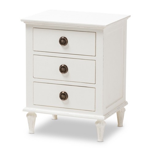 Venezia French Inspired Rustic Washed, White Wooden Drawer Nightstand