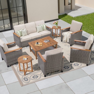 Buenhomino 8-Piece Outdoor Patio Set – 4 Single Chairs, Sofa, 2 Side Tables & Coffee Table, All-Weather Wicker with Cushions, Beige