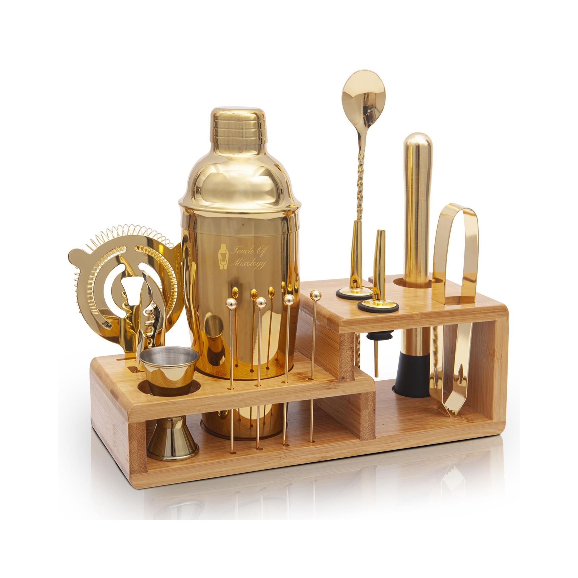 Touch of Mixology Premium 14 Piece Stainless Steel Bartender Kit with Bamboo Stand (Gold)