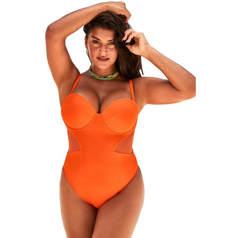 Swimsuits for All Women's Plus Size Cup Sized Mesh Underwire One Piece Swimsuit, 1 of 2
