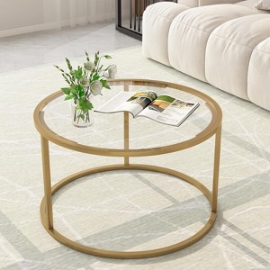 Summit Adventure 27" Gold Round Coffee Table - Glass Top & Metal Frame, Modern Space-Saving Design - 1 of 4