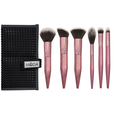 MODA Brush Limited Edition 7pc Rose Makeup Brush Set with Black Studded Travel Flip Case, Includes - Shadow, Complexion, Angle Blender, and Powder Brushes