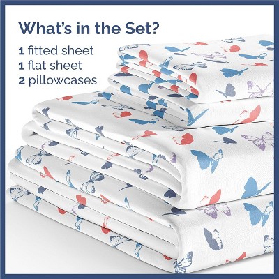 Queen Size Blue and White Butterfly Print Microfiber Sheet Set