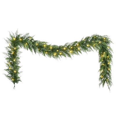 Puleo 9'x10" Pre-Lit Battery-Operated Cedar Garland with Twinkle Rice Lights