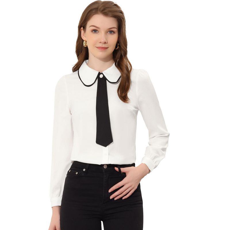 Allegra K Work Office Shirt for Women's Long Sleeve Button Up Peter Pan Collar Blouse, 1 of 6