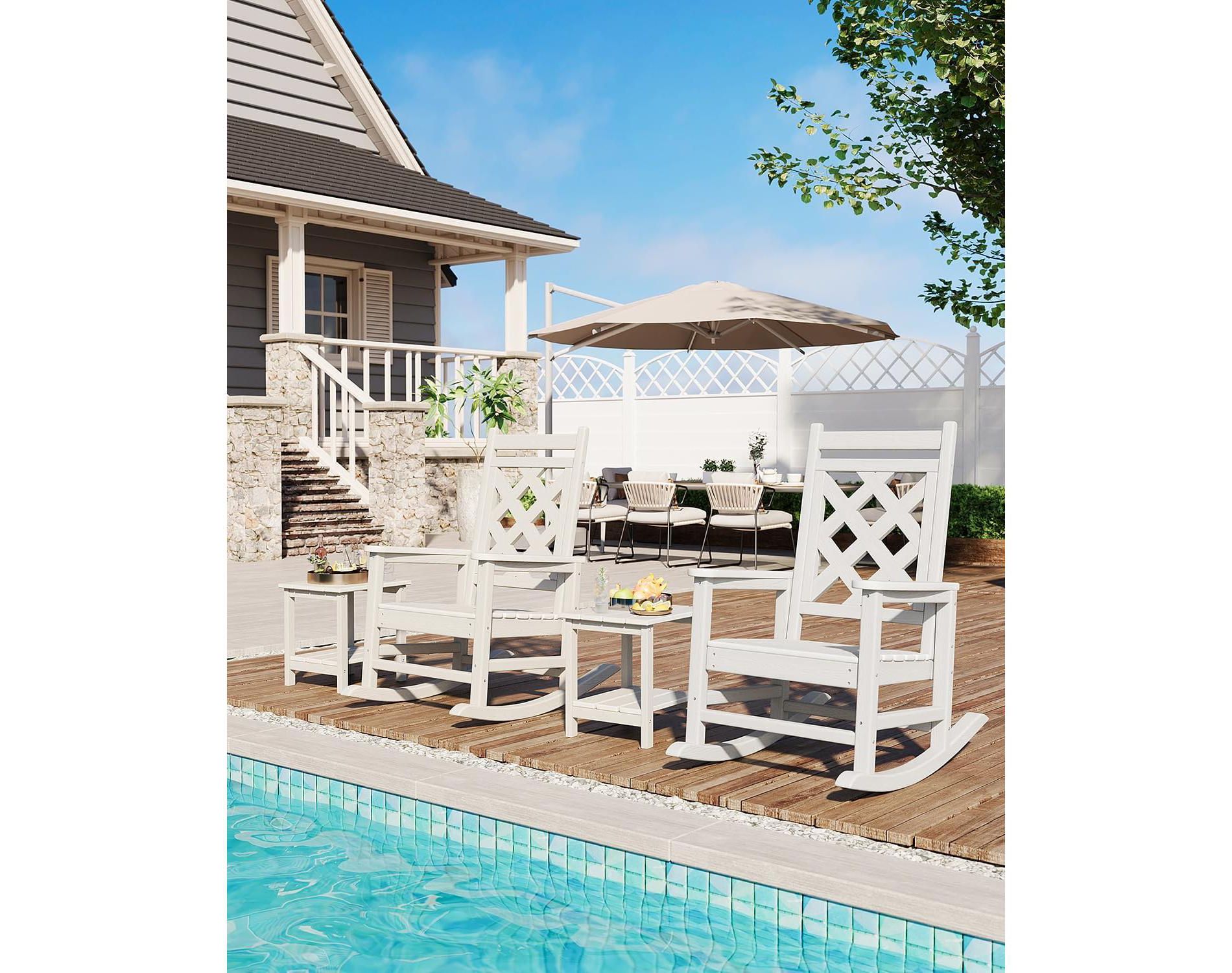 2Pcs Outdoor Rocking Chairs, Weather Resistant Arm Chair, Porch Rocker with Wood Texture, 380Lbs Support for Patio Deck Pool Garden Backyard, White