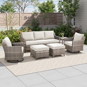Buenhomino 6 Piece Patio Conversation Sets with Sofa Couch, Rattan Wicker Swivel Chairs with 2 Ottoman, Coffee Table & Cushions, Outdoor Furniture Set - 1 of 3