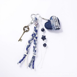 Anna-Kaci Denim Heart Charm Keychain with Braided Straps and Vintage Key Accent - Blue - 1 of 4