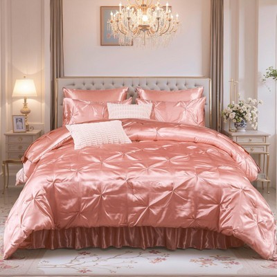 Satin Comforter Set Bed in a Bag – Pinch Pleat Luxury Bedding with Sheets, Pillowcases & Decorative Covers, Soft Silky Quilt