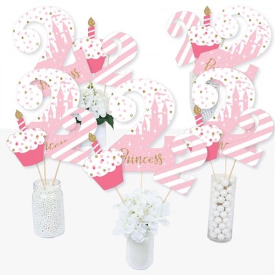 Big Dot of Happiness 2nd Birthday Little Princess Crown - Pink and Gold Princess Second Birthday Party Centerpiece Sticks - Table Toppers - Set of 15