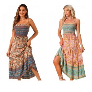 INSPIRE CHIC Women's Summer Spaghetti Strap A-Line Flowy Smocked Midi Boho Floral Sundresses 2 Packs - 1 of 4