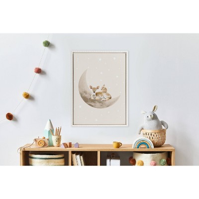 Sylvie Beaded White Framed Canvas with Animals on Moon, 18x24