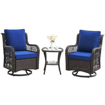 3 Pieces Outdoor Swivel Rocker Chair Set of 2 with Glass Top Table, Outdoor Swivel Glider Rocker, Wicker Swivel Chair Set for Patio Porch Pool