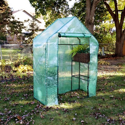 Green 37" Portable Walk-In Greenhouse with Iron Frame and Shelves