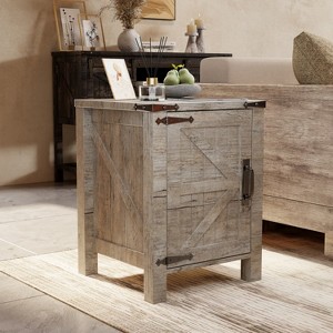 OKD Nightstand with Charging Station, Farmhouse End Table w/Barn Door - 1 of 4