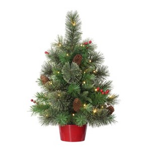 2ft Puleo Pre-Lit Tabletop Artificial Christmas Tree Red Base Clear Lights: Indoor Use, No Assembly Required - 1 of 3