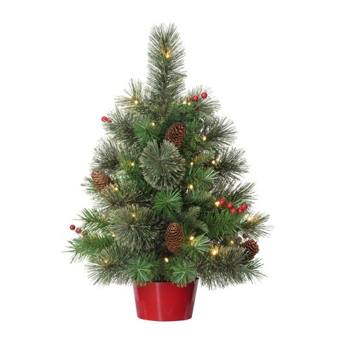 2ft Puleo Pre-lit Tabletop Artificial Christmas Tree Red Base Clear ...