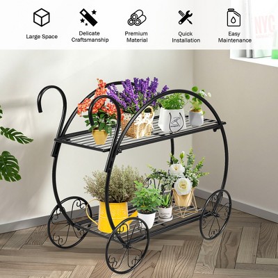 Black Steel Two-Tiered Indoor/Outdoor Plant Stand with Decorative Wheels