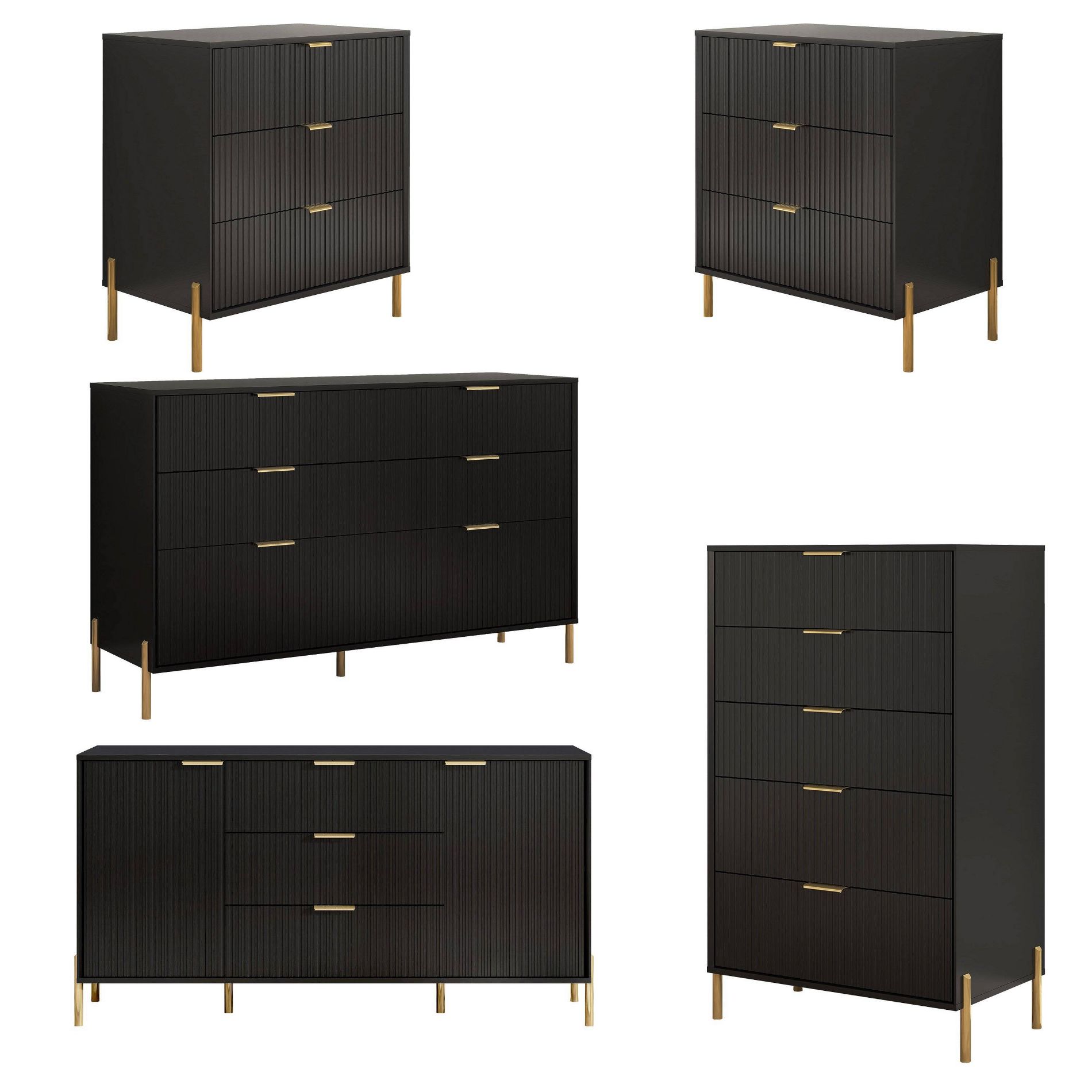 Festivo 5pc Modern Elegance Bedremm Chest and 2 Dressers and 3 Drawer Nightstands Set Black
