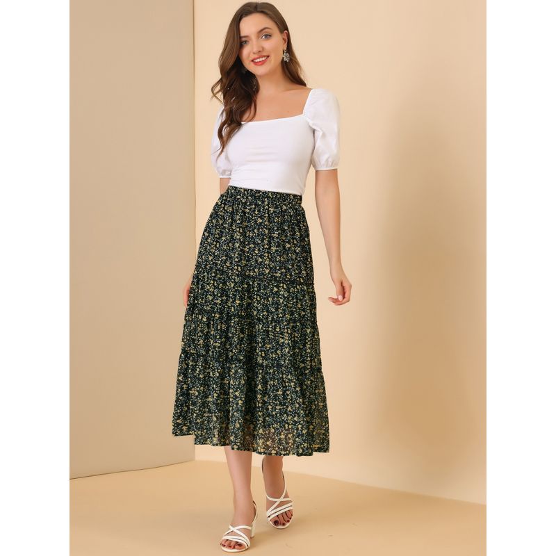 Allegra K Women's Floral Elastic Waist Tiered Ruffle Boho Midi Skirts, 5 of 8