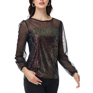 Anna-Kaci Women's Sheer Mesh Long Sleeve Top with Sequin Front Panel and Crew Neckline - 1 of 4