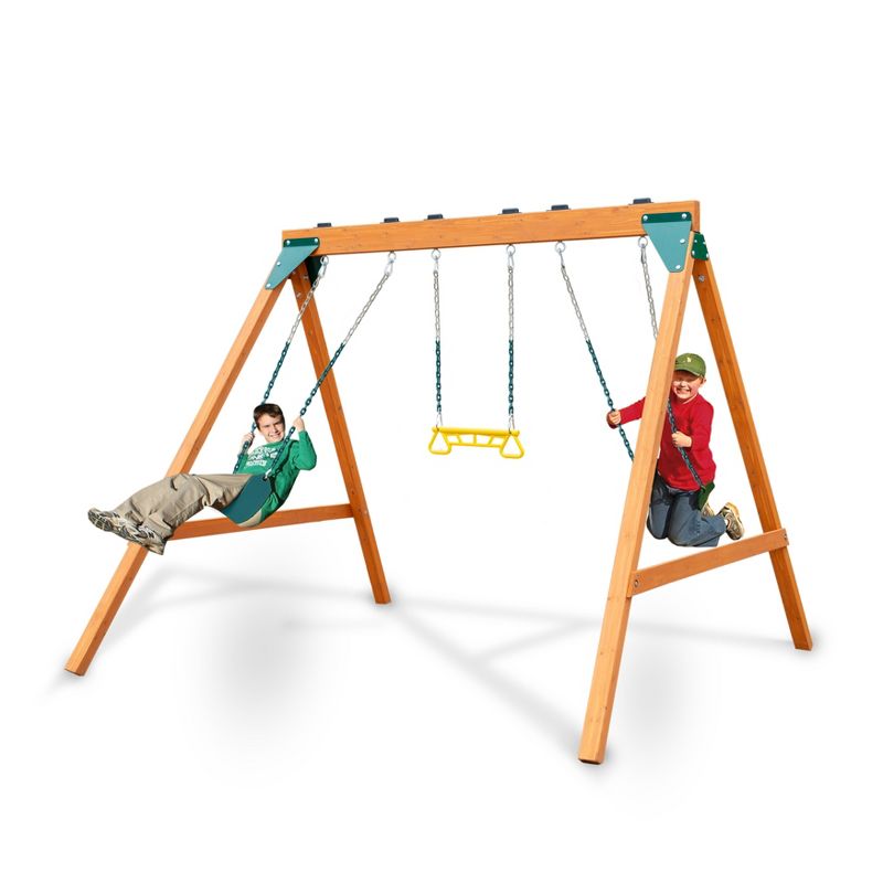 Gorilla Playsets 3-Position Wooden Swing Set with 2 Swing Belts and Trapeze Bar, 1 of 6