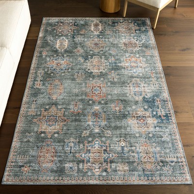 Philomena Green Medallion Washable Synthetic Area Rug 4' x 6'