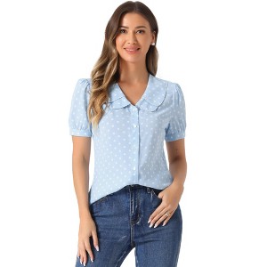 INSPIRE CHIC Women's Vintage Polka Dots Peter Pan Collar Puff Short Sleeve Shirt - 1 of 4