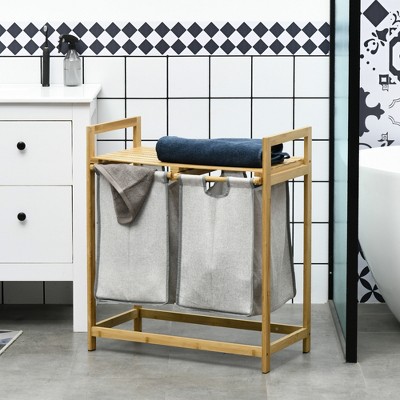 Natural Bamboo Frame Laundry Sorter with Gray Fabric Bags