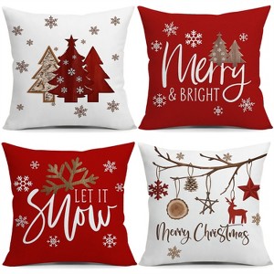 Lomsoe 4pcs Christmas Throw Pillow Covers, Red White Christmas Trees Brown Snowflakes Stars Merry Bright Let It Snow Merry Christmas, Zip Closure - 1 of 4