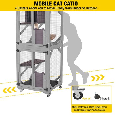 Medium Gray Wooden Outdoor Freestanding Cat House with Wheels