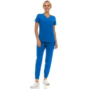 Saint Scrubs Womens 9-Pocket Medical Uniform Set- V-Neck Stretch Top with Seven Pocket Jogger Scrub Pant - 1 of 4