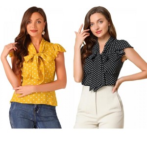 INSPIRE CHIC Women's Polka Dots Tie V Neck Flutter Cap Sleeve Blouse 2 Packs - 1 of 4