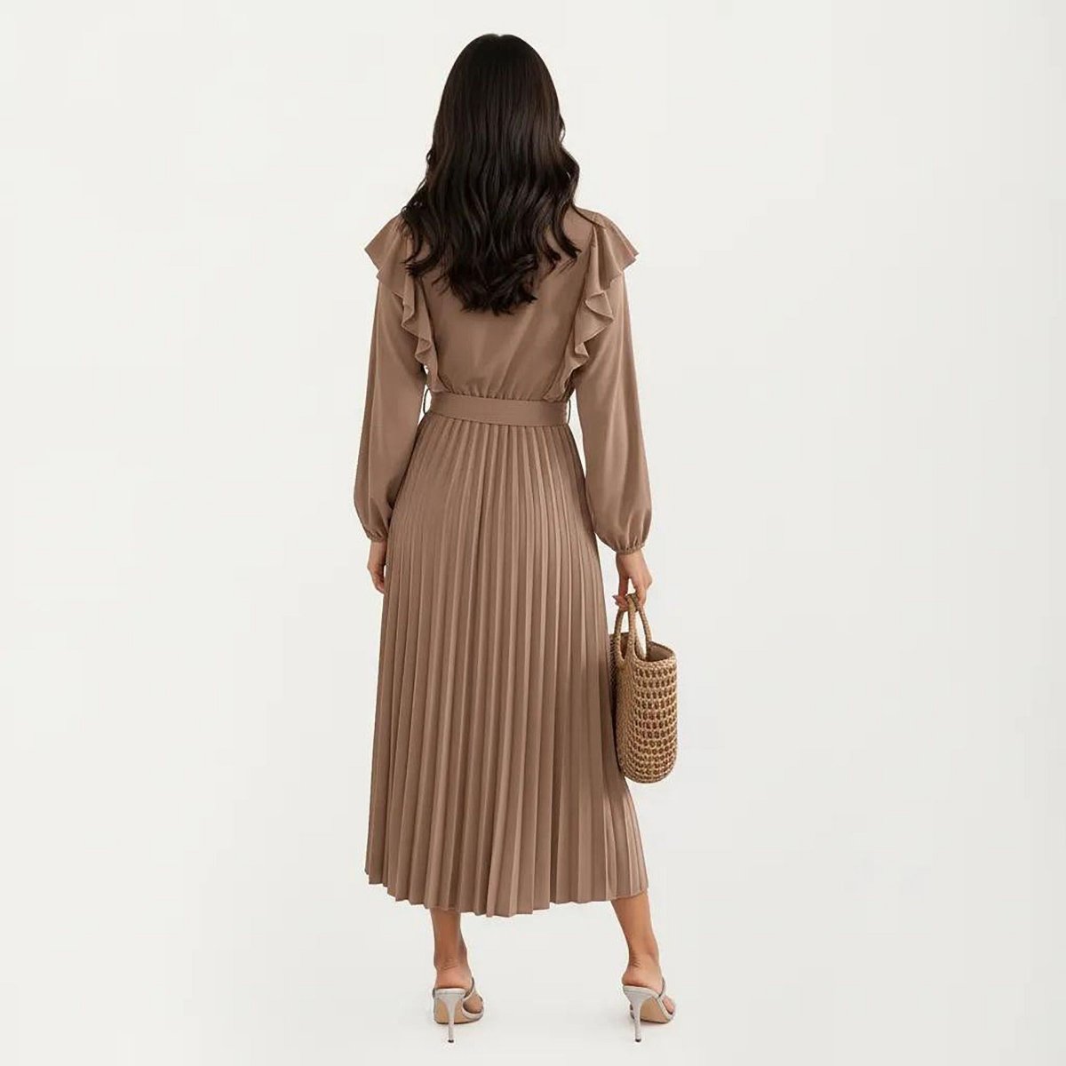 Женские платья Anna-Kaci Women's Pleated Dress with Ruffled Shoulders, Waist Tie, and Long Sleeves for a Flattering Feminine Fit - Khaki — фото 4