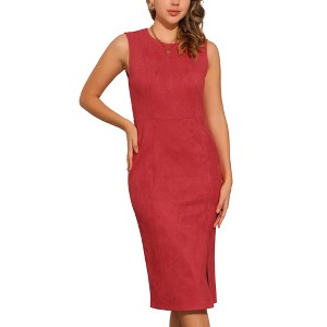 INSPIRE CHIC Women's Faux Suede Sleeveless Crewneck Split Hem Work Sheath Dress - 1 of 4