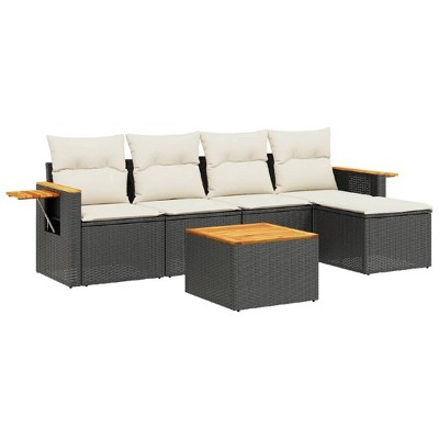 vidaXL 6 Piece Patio Sofa Set with Cushions Black and Cream Poly Rattan - With Table